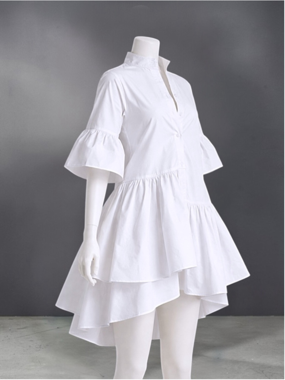 Button Up Asymmetrical Tiered Smock Dress in White – Size S - Picture 8 of 11